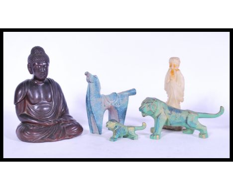 A group of vintage items to include jade type soapstone carving figurine, Buddha figurine, bronze animals etc. Please see ima