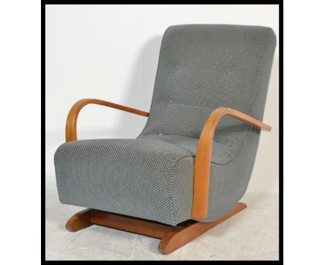 A retro 20th Century beech bentwood sprung rocking chair - armchair, button back upholstery.&nbsp;Measures: 84cm high x 102cm