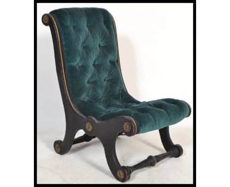 A Regency revival 19th Century chesterfield button back slipper chair, ebonised and gilt frame. Measures: 65cm high x 37cm wi