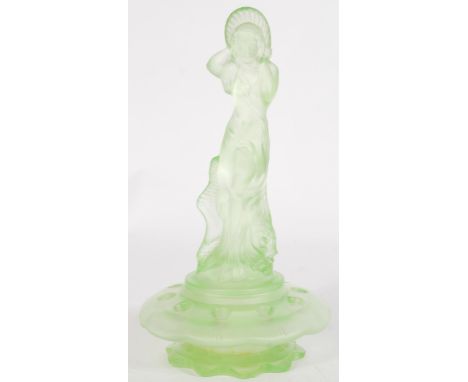 A vintage 20th century Art Deco green glass frog centre piece with central removable figurine featuring a sea goddess with sh