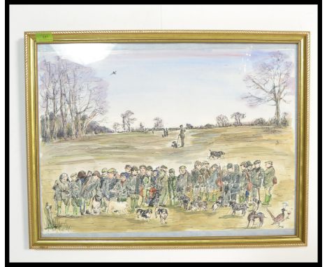 Hunting Interest - A framed and glazed water colour painting comical take on a Pheasant shooting party, the painting depictin