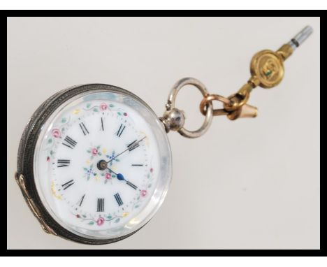 A 19th Century Suisse silver hallmarked ladies open faced&nbsp; pocket watch, enamel face with Roman numeral.