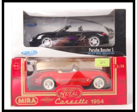 Two boxed 1:18 scale diecast model cars to include; Mira ' Chevrolet Corvetter 1954 ' and Welly ' Porsche Boxster S '. Both a