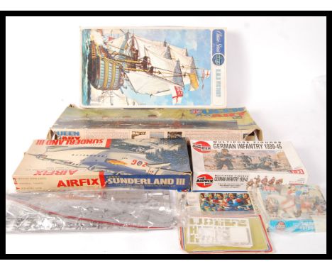 A collection of assorted vintage Airfix model kits to include; 1/72 Short Sunderland III , 1:32 German Infantry 1939-45 , HO 