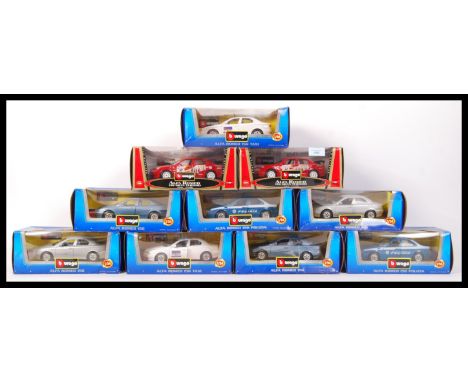 A good collection of 10x Burago 1:24 scale precision diecast model cars. All appear mint and unused, within the original disp