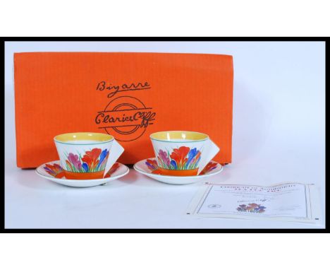 A Clarice Cliff Wedgwood Biyanne vintage limited edition tea for two set, including two cups and saucers numbered 365 D and 3