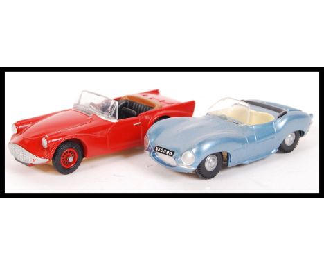 Two vintage restored Spot On 1:42 diecast model cars. The first being a Jaguar XKSS in blue (mint to mint+) and the second a 