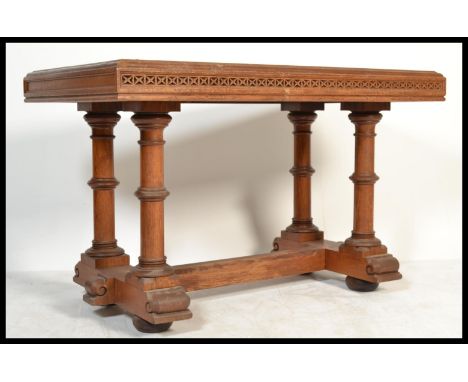 An early 20th Century ecclesiastical communion / alter ( dining&nbsp; ) table in light oak, rectangular top with Gothic friez