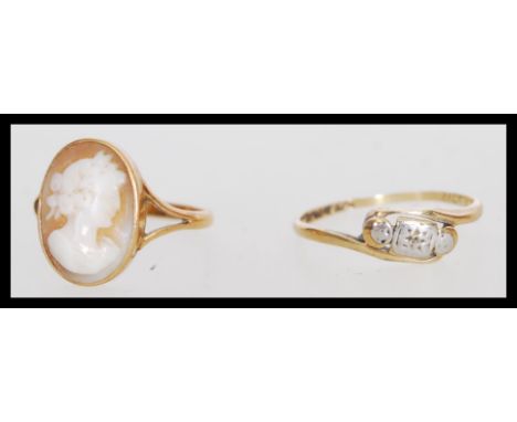 Two gold rings to include a stamped 9ct cameo ring featuring a female portrait with floral head dress hallmarked c.c.c ld (we