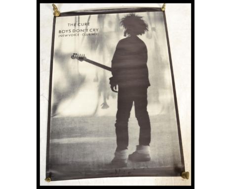 A vintage 1980's retro music poster for the Cure Boys Don't Cry (New Voice. Club Remix) featuring a black and white photograp