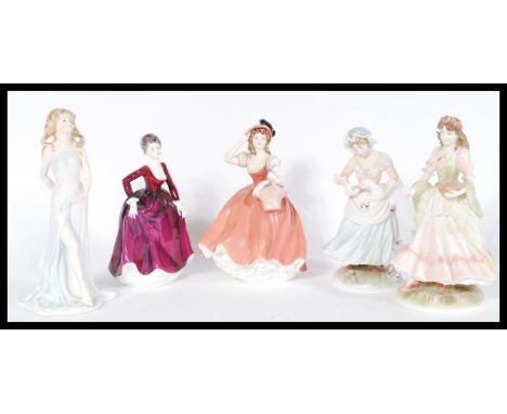 A group of five named ceramic figurines to include Coalport Dance of Dawn, Sophia and Flora, Royal Worcester The Shepherdess 