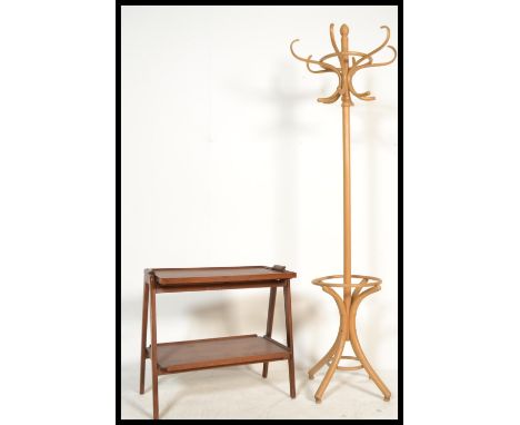 A vintage 20th century retro teak wood trolley of angular form along with a bentwood light Thonet style hat stand. Please see