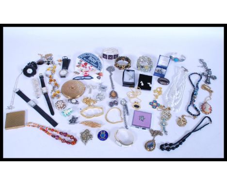 A box of costume jewellery to include a large cameo portrait pendant, a selection of six watches, two yellow gold pocket mirr