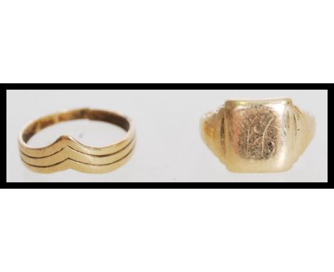 Two gold signet rings to include hallmarked 19th century 9ct gold cushion shaped signet ring with an initial engraving item w