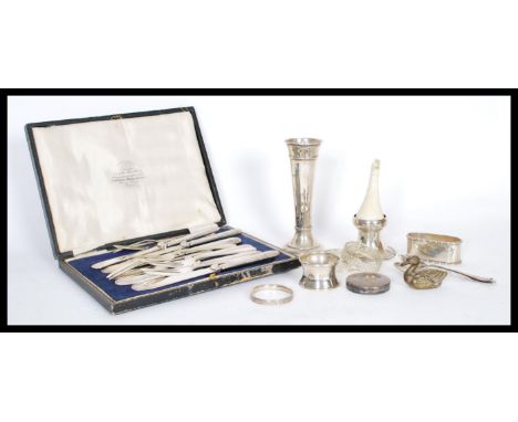 A collection of 19th century London hallmarked silver to include five desert forks and knives with decorative engraving on th