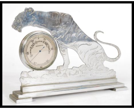 A 20th century vintage retro silver metal barometer in the form of a tiger reading 'Stormy, Rain, Change, Fair, Dry', raised 