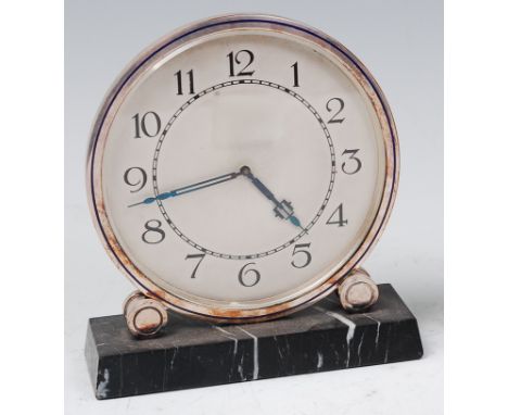 A French Art Deco silver plated mantel clock, the silvered dial of circular form, raised on black variegated marble base, h.1