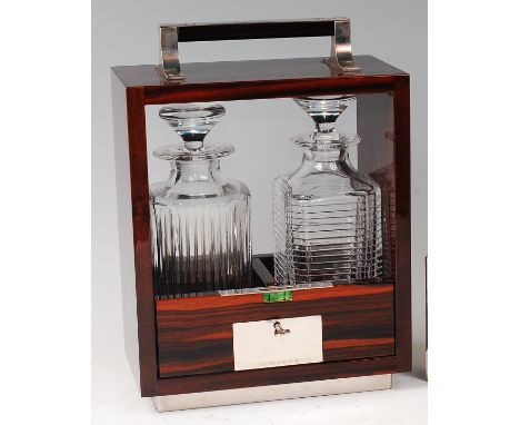 David Linley - An American walnut and ebony two decanter tantalus, signed to the handle, with spirit level, modern silver pla