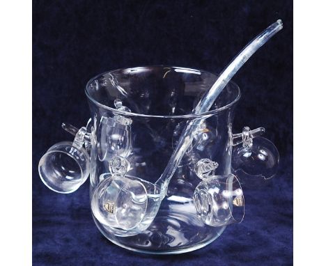 A 1960s Orrifors clear glass punch bowl and ladle, of plain circular form, with six hanging cups, punch bowl h.18cm, ladle le