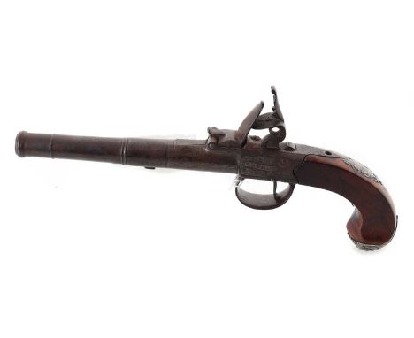 BOXLOCK FLINTLOCK PISTOL, COLLUMBELL OF LONDON, 18TH CENTURY tapered cylindrical cannon barrel stamped proof marks, the sidep