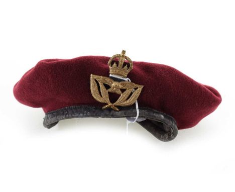 BRITISH AIRBORNE-TYPE MAROON BERET, WWII PERIOD  by Kangol, stamped broad arrow and dated 1943, with RAF warrant officer's ca