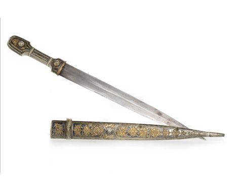 CAUCASIAN KINDJAL DAGGER, 19TH CENTURY with tapered steel blade over a silvered, gilt and Niello white metal hilt and scabbar