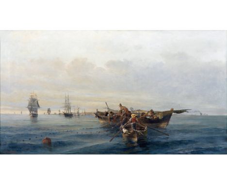 Constantinos Volanakis (Greek, 1837-1907)Pêcheurs ramassant les filets signé en grec (en bas à gauche)huile sur toile48 x 86.