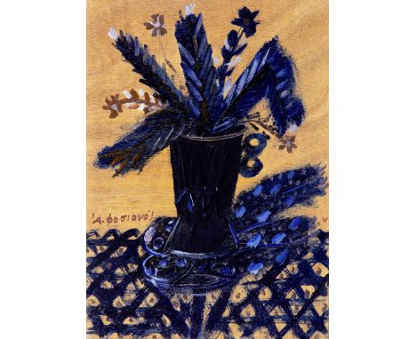 Alecos Fassianos (Greek, 1935-2022)Le vase bleu signé en grec (au milieu à gauche)huile sur panneau41 x 30cm (16 1/8 x 11 13/