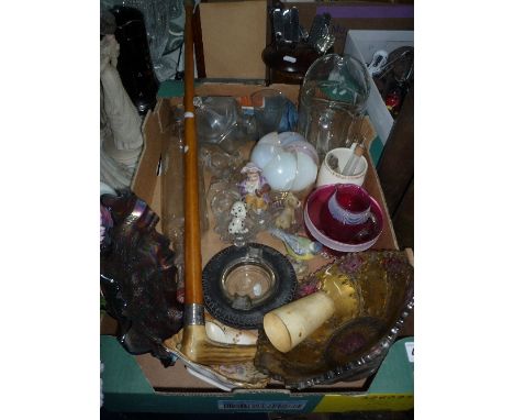 A BOX AND LOOSE CERAMICS, GLASS, SILVER COLLARED WALKING STICK, TREEN, etc, to include Wade Simon (Dalmatian) and Whisky (Cor