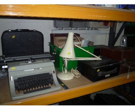 A 'DECCA' PORTABLE WIND UP RECORD PLAYER (handle), quantity of records, angle poise lamp etc (7)