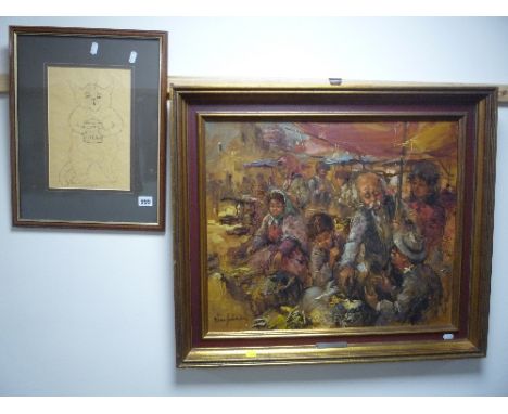 AFTER LOUIS WAIN, 'Cats Cream', approximately 27cm x 18.5cm, together with oil on board, market scene, signed Nino Gahadon, a