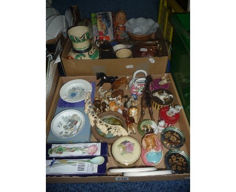 TWO SMALL BOXES OF ORNAMENTS, (Wade hat boxes, Franz spoons), brass wall light, glass etc (some boxed)