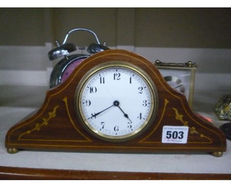 A SMALL INLAID EDWARDIAN MANTEL CLOCK (KEY), and two other clocks (3) 