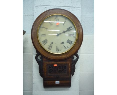 A 19TH CENTURY MAHOGANY INLAID WALL CLOCK, (sd) (no key or pendulum)