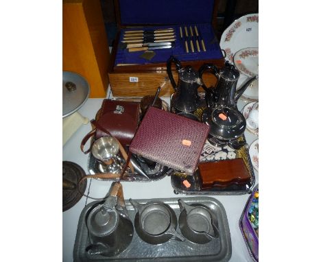 A PART CANTEEN OF CUTLERY, with three pull out sections, together with plated wares, a Roundhead pewter tea service and tray 