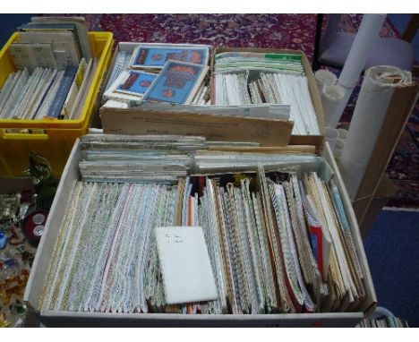 FIVE BOXES AND LOOSE ORDNANCE SURVEY MAPS ETC, to include Bartholomew's 'half-inch' maps, drawings of a steam coaster, Orient