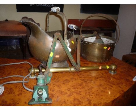 AN INDUSTRIAL TABLE TOP LIGHT, a brass towel rail, a jam pan and a coal bucket (4)