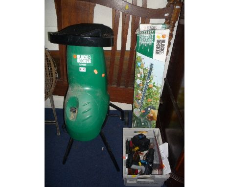 A BLACK AND DECKER GS1600 GARDEN SHREDDER, Black and Decker hedge trimmer and a small box of tools (3)