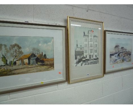A LANDSCAPE WATERCOLOUR, signed Ranz bottom right, approximately 37cm x 54cm, farm buildings, Wesso, approximately 32.5cm x 4