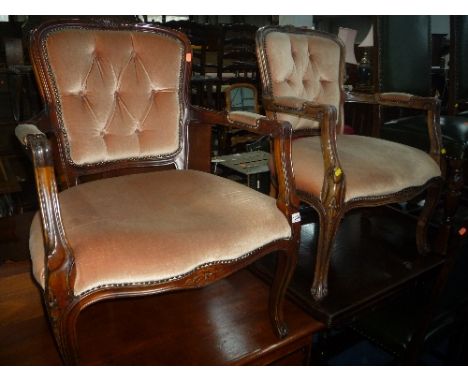 TWO FRENCH STYLE BUTTON BACK ARMCHAIRS