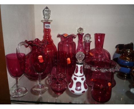 VARIOUS PIECES OF CRANBERRY COLOURED AND ETCHED GLASSWARES, to include a cased glass scent bottle, etched decanter etc