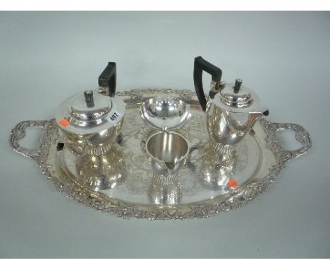 A FOUR PIECE PLATED TEA SERVICE, on twin handled plated tray (5)