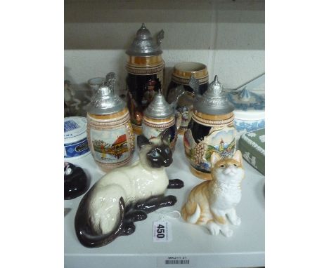 A ROYAL WORCESTER 'GINGER' KITTEN, a Beswick Siamese Cat No.1559 and four beer steins and tankard (7)