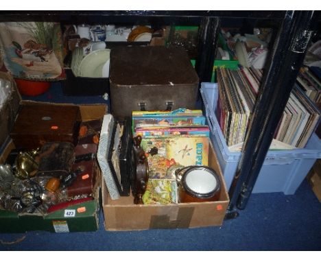 THREE BOXES OF SUNDRIES AND LOOSE, to include binoculars, cameras, books, typewriter, records, three wristwatches, lighters e