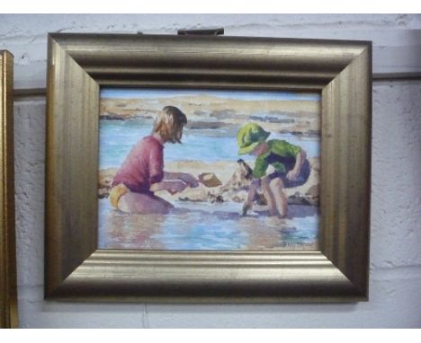 JENNY HERVEY, children playing in shallow sea with spades, watercolour, approximately 12.5cm x 17.5cm