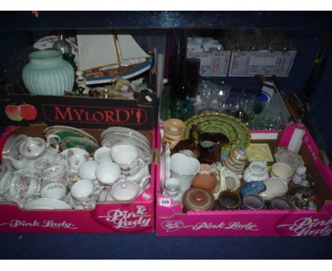 FIVE BOXES AND LOOSE CERAMICS, GLASS, UMBRELLAS, SHOOTING STICK, etc