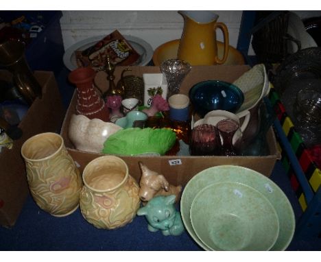 A BOX AND LOOSE CERAMICS, GLASS, etc, to include Wade Heath, Beswick etc