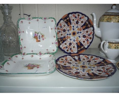 A PAIR OF ROYAL DOULTON SQUARE DISHES, and a pair of Ashworth 'Imari' plates, diameter approximately 22.5cm (4)