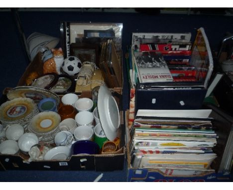 FOUR BOXES OF CERAMICS, THEATRE PROGRAMMES, BOOKS, CLOCK, PICTURES, COMICS, etc