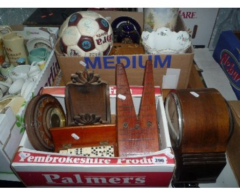 THREE BOXES AND LOOSE SUNDRY ITEMS, including mantel clock, dart board, barometer, dominoes, Aston Villa football, Aynsley ja